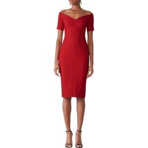 Cinq à Sept Birch Red Off-The-Shoulder Cocktail Midi Sheath Dress Size 4 NWT